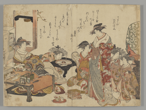 Kitao%20Masanobu%20%28Sant%26%23333%3B%20Ky%26%23333%3Bden%29%2C%20%3Cb%3E%3Ci%3E%20Yoshiwara%20keisei%20shin%20bijin%20awase%20jihitsu%20kagami%20%28A%20Competition%20among%20the%20New%20Beauties%20of%20the%20Yoshiwara%2C%20Mirrored%20in%20their%20Writing%29%3C%2Fi%3E%3C%2Fb%3E%2C%201784%2C%20color%20woodblock%20print%20on%20paper%3B%20%26%23333%3Bban%20nishiki-e%3B%20accordion-fold%20album%3B%20diptych%2C%20The%20Mary%20Andrews%20Ladd%20Collection%2C%20public%20domain%2C%2066.84